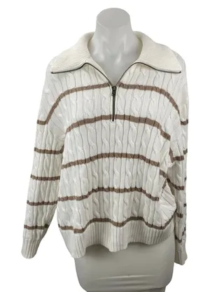 Hollister Womens White Brown Cable Knit 1/4 Zip Collared Polo Sweater Top Size S thumbnail 1
