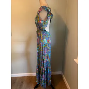 Tiare Hawaii Floral Maxi Dress Blue Pink Boho Open Button resort beach tropical thumbnail 3