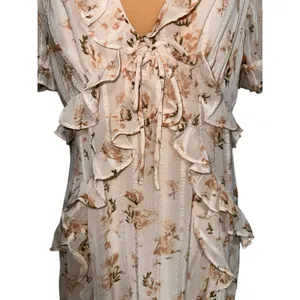 Storia Floral Ruffle‎ Maxi Dress Cream Pink Dobby Puff Sleeve Large NWT thumbnail 6