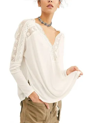 Free People Lola Lace Thermal Knit Long Sleeve Woman’s Top Cream S thumbnail 1