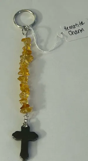 Handmade Yellow Tumbled Glass Chip & Hematite Cross Charm Keychain In Gift Box thumbnail 1