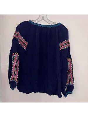 Solitaire Blue V Neck Boho Floral Embroidered Long Sleeve Blouse Tunic thumbnail 5