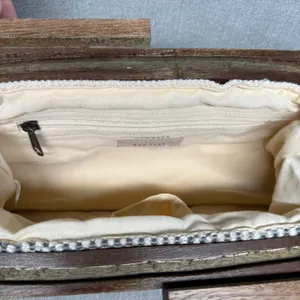 Fabulous MJ New York Knit Sequin Wood Frame Clutch Bag Pink Cream‎ Boho Unique thumbnail 5