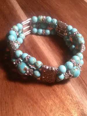 Blue Howlite Three Row Beaded Silvertone Stretch Bracelet thumbnail 4
