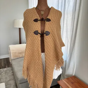 Classic Knit Poncho Cape Shawl‎ Tan with Hood Toggle Closure Fringe Hem One Size thumbnail 4