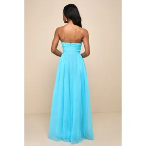 NWOT Lulus Undeniably Iconic Teal Blue Tulle Pleated Strapless Maxi Dress Sz XS thumbnail 3