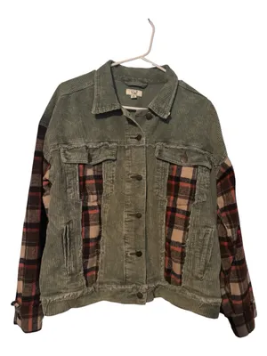 Easel Plaid Panel Contrast Corduroy Trucker Jacket Sage Green Medium thumbnail 2