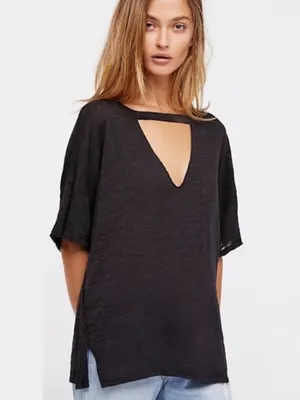 Free People Jordan Tee Carbon Black Cutout V Neck Distressed Slouchy T Shirt M thumbnail 2