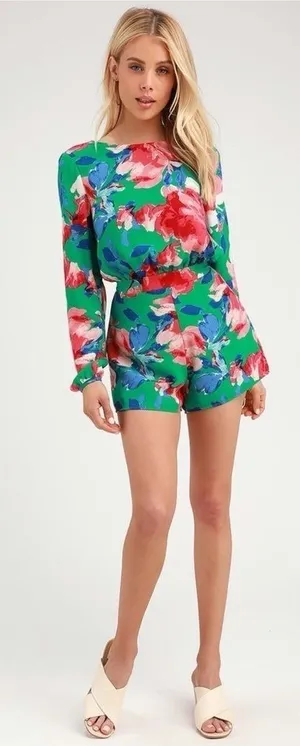 Lulus Sweetest Song‎ Floral Print Backless Long Sleeve Romper in Green Size Med thumbnail 1
