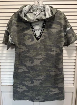 J For Justify Green Camo Mini Shirt Dress Size‎ Small Short Sleeve Rivets thumbnail 1