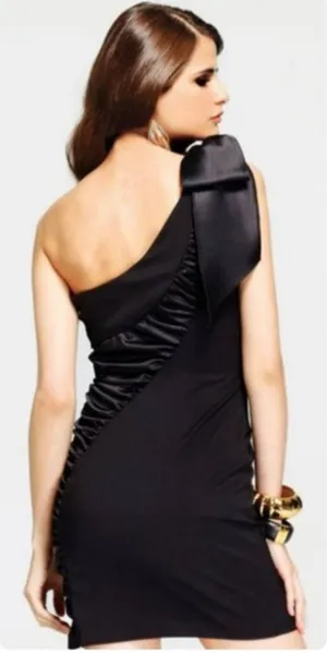 🍁 Faviana One Shoulder Bow Ruffle Stretch Mini Cocktail Party‎ Dress Sz 0 Black thumbnail 1