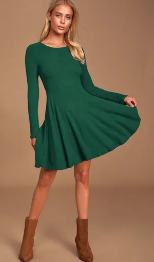 Lulus‎ Hunter Green Ribbed Knit Fit Flare Skater Dress Womens Small Long Sleeve thumbnail 1