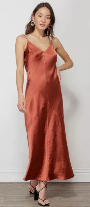 NWT Line & Dot Satin Slip Dress Burnt Orange Brown Romantic Beach Size Medium thumbnail 1