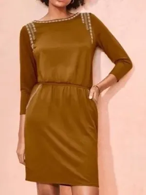 Garnet Hill Knit Dress Womens Small Brown Embroidered Elastic Waist thumbnail 2