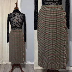 Vintage Luxury Lana Lee‎ Plaid Wool Blend Midi Skirt Sz XS Fringed Hem High Rise thumbnail 2