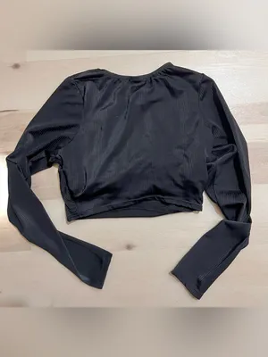 Endless Wave Medium Black Long Sleeve Ribbed Cropped Swim Top Beach Ocean Surf thumbnail 3