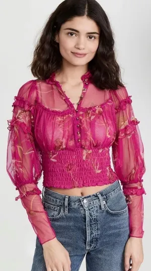 Free People Time For Shine Mesh Floral Smocked Crop‎ Top Fairycore Whimsy thumbnail 1