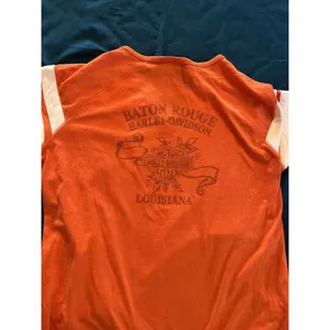 Harley Davidson T Shirt Orange & White Striped Sleeves Women XS Baton Rouge LA thumbnail 8