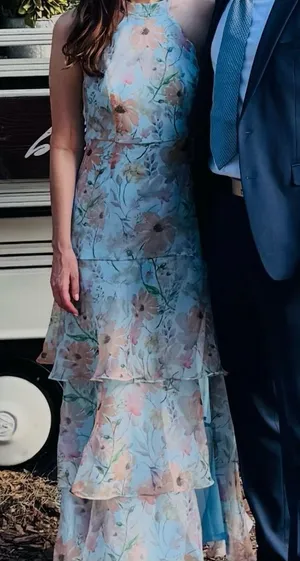 Lulus Forever Exceptional Light Blue Floral Halter‎ Organza Maxi Dress, Medium thumbnail 1