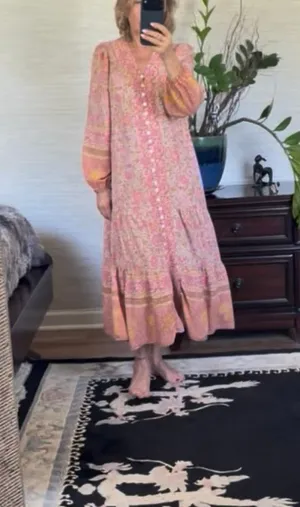 Women’s Boho Floral Maxi Dress Size M Pink Button Front Long Sleeve Rayon thumbnail 11