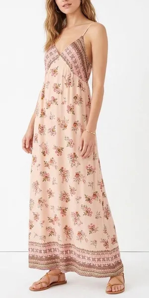 Gilli Midi Dress Womens L Beige Floral Rayon V-Neck Sleeveless Adjustable Strap thumbnail 1