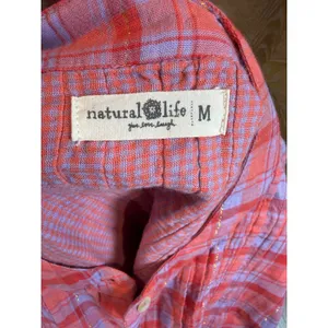 Natural Life Pink Purple Plaid Pintuck Blouse Gold Metallic Cotton Top Medium thumbnail 5