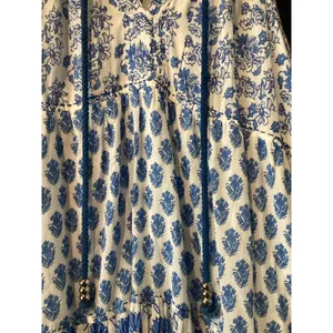 Calypso St Barth Daria Dress M Blue White Block Print Floral Cotton Resort Maxi thumbnail 9