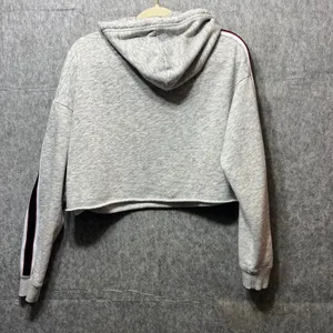Hollister Crop Hoodie‎ Sweatshirt Striped Sleeve Raw Hem Gray Medium thumbnail 7
