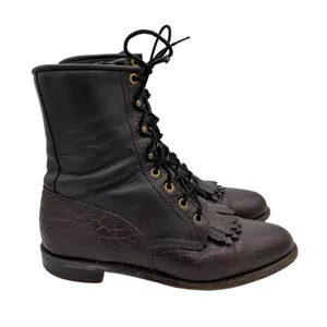 Justin Exotic Leather Packer Roper Boots Women Brown Leather Lace Kiltie 8 B USA thumbnail 1