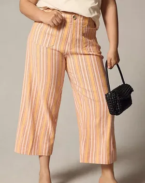 Anthropologie Maeve The Colette Cropped Wide Leg Linen Blend Striped Pants 27 thumbnail 1