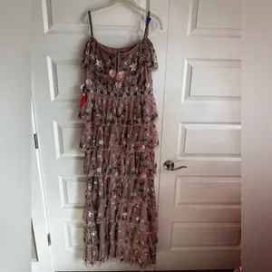 Mac Duggal 9069 Mauve‎ Off Shoulder Floral Embroidered Ruffle Tiered Gown NWT 10 thumbnail 4