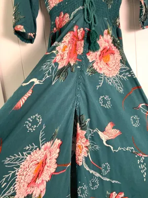 Jaase Maxi Dress XS Teal Floral Boho Autumn Wedding Guest Smocked V-Neck thumbnail 5