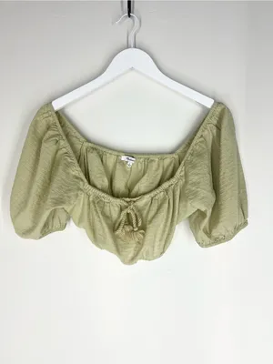 Madewell Olive Green Puff Sleeve Crop Top with Tassel Tie thumbnail 2