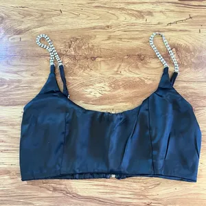 Oh Polly Black Rhinestone Strap Crop Top Zipper Back Evening Clubwear thumbnail 2