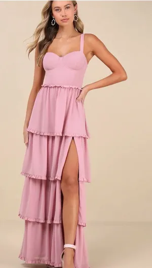Lulus Pink Bustier Lace-Up Maxi Dress NEW NWT event tiered homecoming thumbnail 1