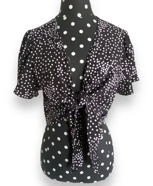 Shein Womens Blouse Sz S Black and White‎ Polka Dot Tie Front Cropped Length thumbnail 1