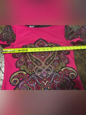 ⁠Muse‎ Pink & Blue Paisley Knit Shift Dress Quarter Sleeve Zip Back Size 10⁠ thumbnail 7