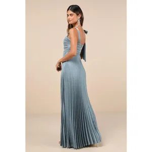 NWT Lulus Blue Gorgeous Purpose Slate Satin Pleated Sleeveless Bow Maxi Dress S thumbnail 3