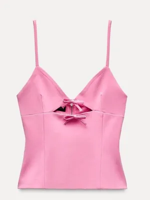 Zara bows top cutout stretch fuchsia barbiecore sleeves vneck bubblegum tank thumbnail 5