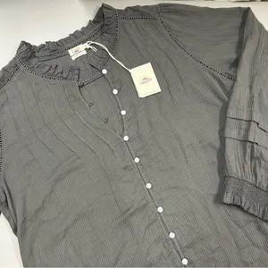 Faherty Button Shirt Top Willa Ruffle Gray Blouse Organic Cotton Size XL NWT NEW thumbnail 3