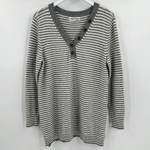 By Anthropologie Sweater Women's Large Serena Striped Button V-Neck‎ Gray Cream thumbnail 3