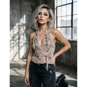 LeRok Vintage Y2K Knit Halter Crop Top Chain & Ring Embellished Beige - Small thumbnail 4