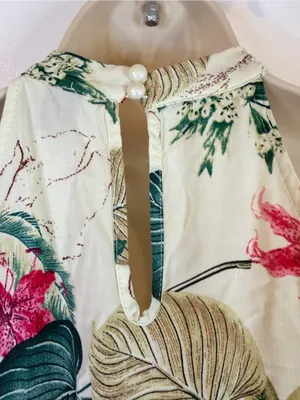 SHEIN XS 2 Tropical Floral Halter Maxi Dress Cream Green Pink Viscose Belted thumbnail 11