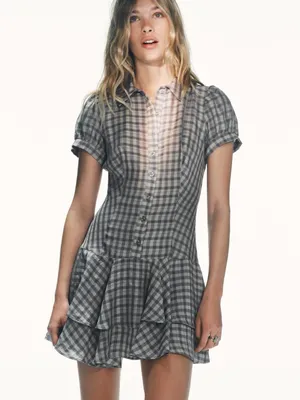ZARA Women’s Gray Plaid Ruffle Short Dress thumbnail 3