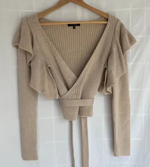 FORE Wrap long sleeve ruffle ribbed knit Sweater Tan Size M thumbnail 1
