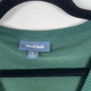 ModCloth Womens Striped Cardigan Knit Sweater Dark Green White V-Neck‎ Large thumbnail 2