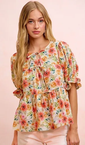 BiBi Flower‎ Printed Shirring Detail Blouse Top - Flower - Large thumbnail 1