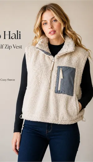 Oli & Hali Cream Sherpa Half Zip Vest Size L Contrast Pocket thumbnail 1