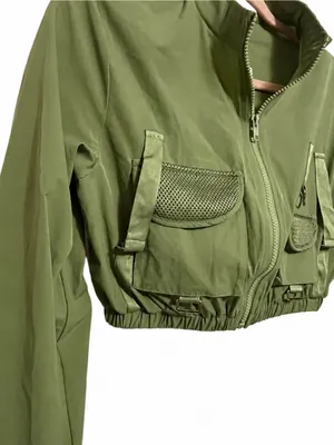 NWT Hot & Delicious Cropped Utility Cargo Jacket Small Olive Green Mesh Pockets thumbnail 2