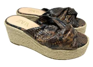 Zara Brown Snakeskin Jute Espadrille Platform Slide Sandals Size 39 /‎ US 8.5 thumbnail 1